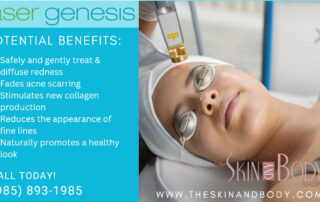 Cosmetic laser Genesis treatment on a woman's face; left blue panel lists potential benefits such as reducing redness and smoothing skin.