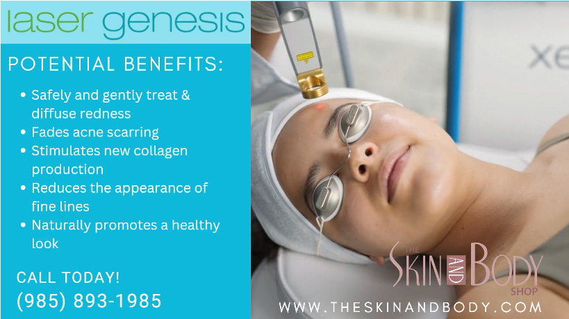 Cosmetic laser Genesis treatment on a woman's face; left blue panel lists potential benefits such as reducing redness and smoothing skin.