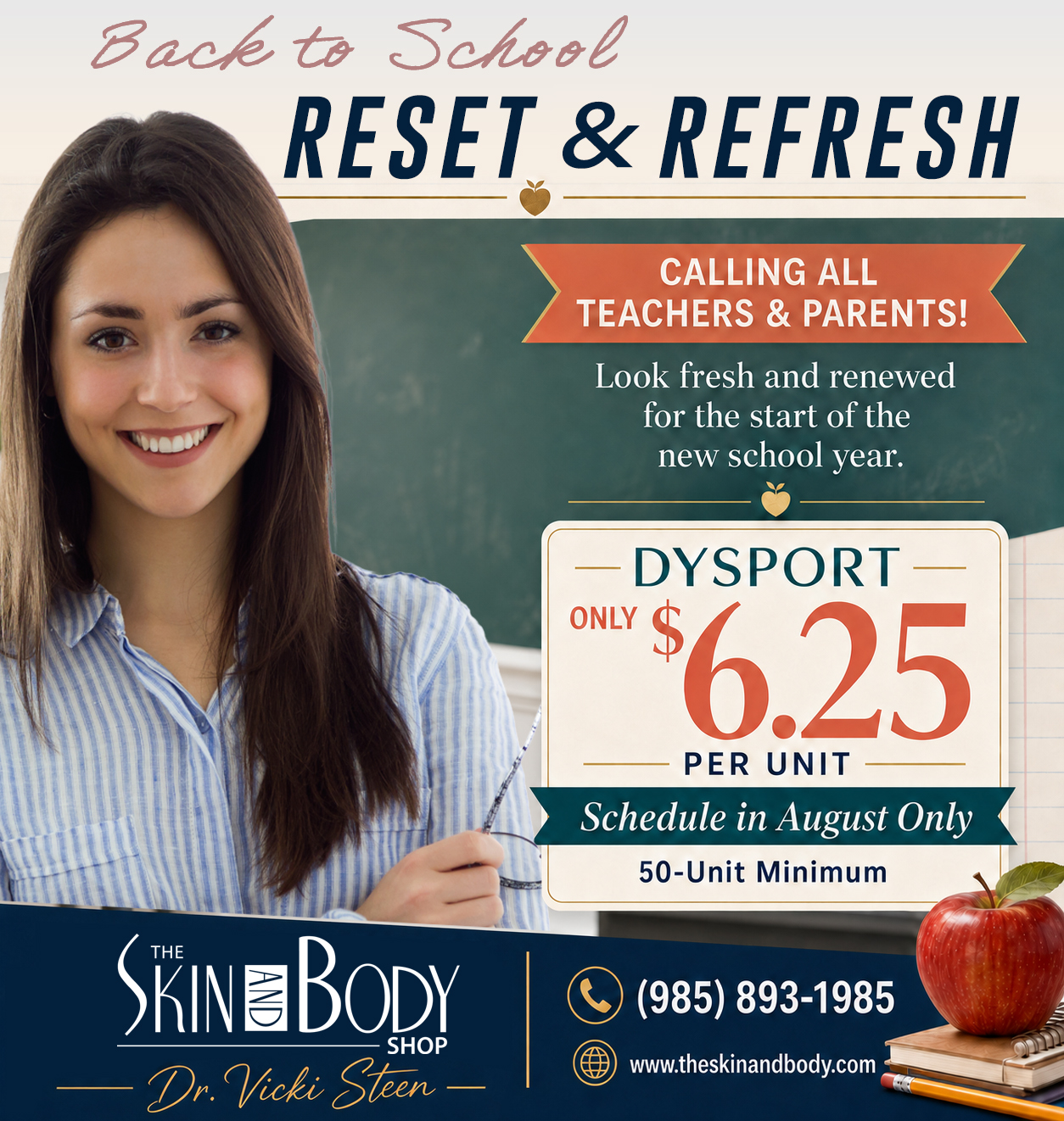 Smiling woman beside a back-to-school promo with 'Reset & Refresh' and a $6.25 per unit price sign.