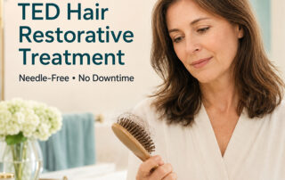 Woman in a robe holds a wooden hairbrush, looking at it in a bathroom; ad text reads 'Alma TED' and 'TED Hair Restorative Treatment' with 'Needle-Free · No Downtime'