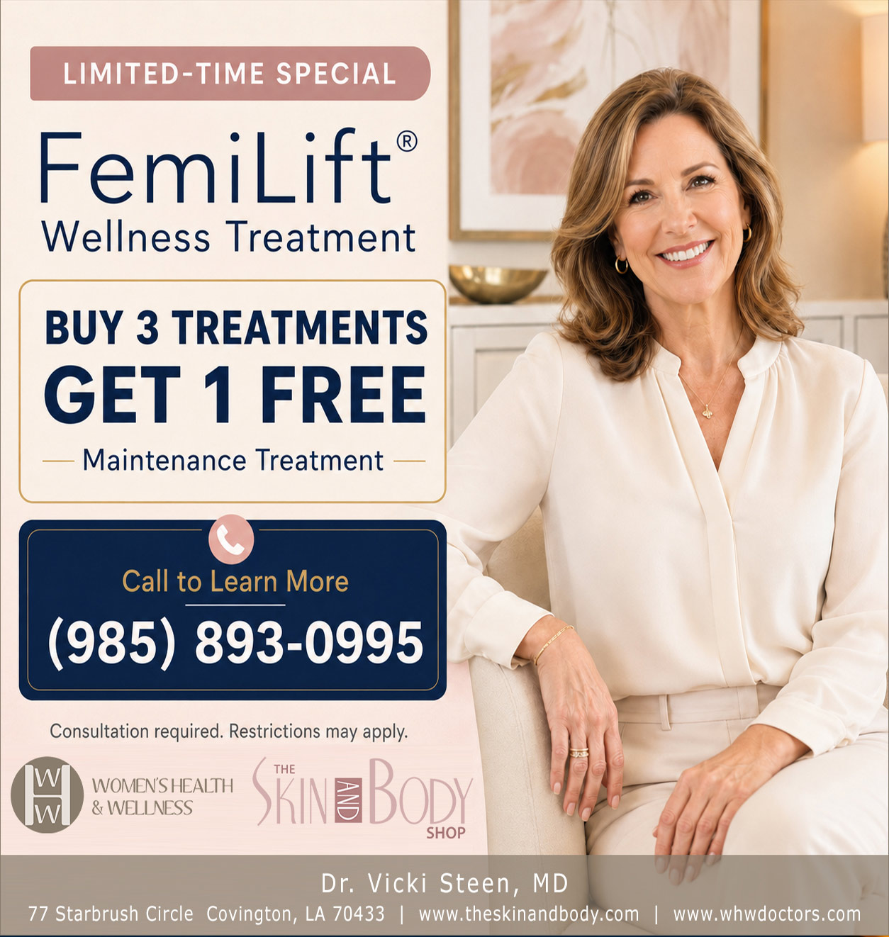 Smiling woman in light blouse seated beside an ad for FemLift Wellness Treatment with a 'Buy 3 Treatments, Get 1 Free' offer and phone number (985) 893-0995.