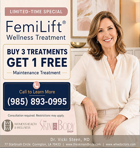 Promotional ad for FemiLift Wellness Treatment: 'Buy 3 Treatments Get 1 Free' with contact number (985) 893-0995 and a smiling woman in cream attire.