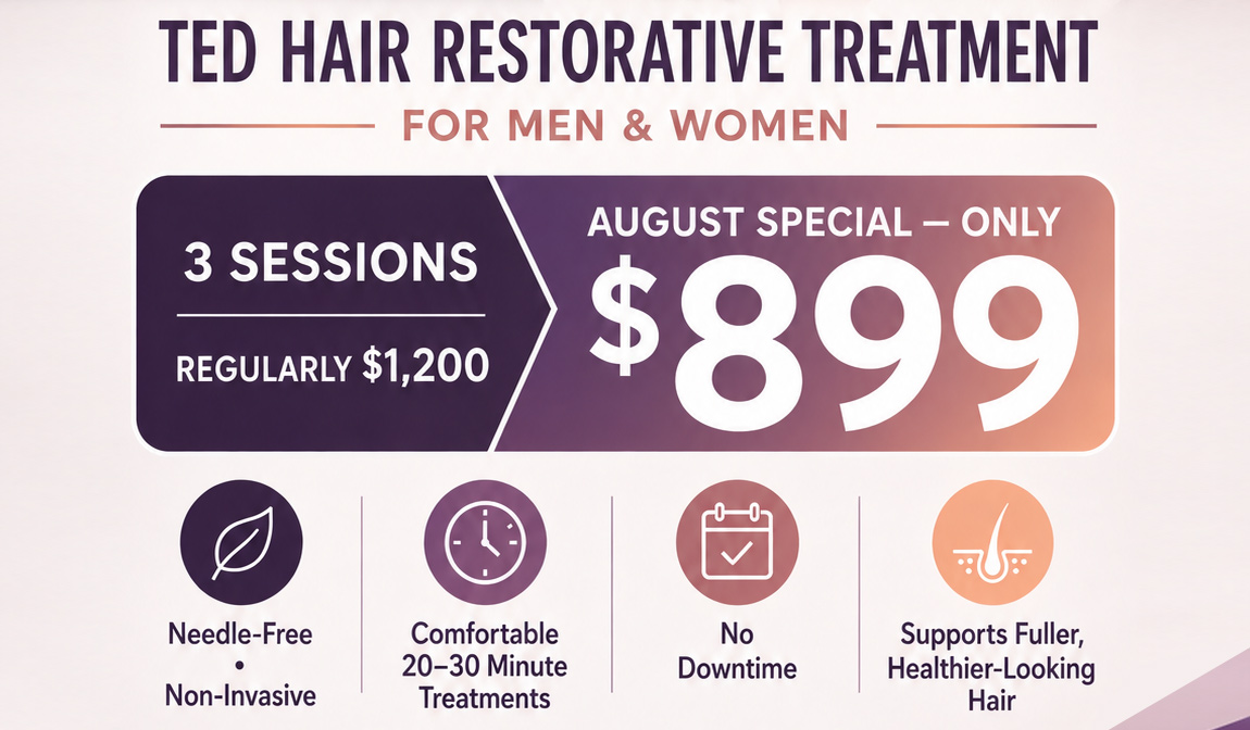 Promo banner for TED Hair Restorative Treatment for men and women; 3 sessions, August special $899 (regular $1200).