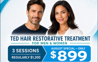 Promo for Ted Hair Restorative Treatment for men and women; features a smiling couple; 3 sessions, previously $1,200; August special $899.