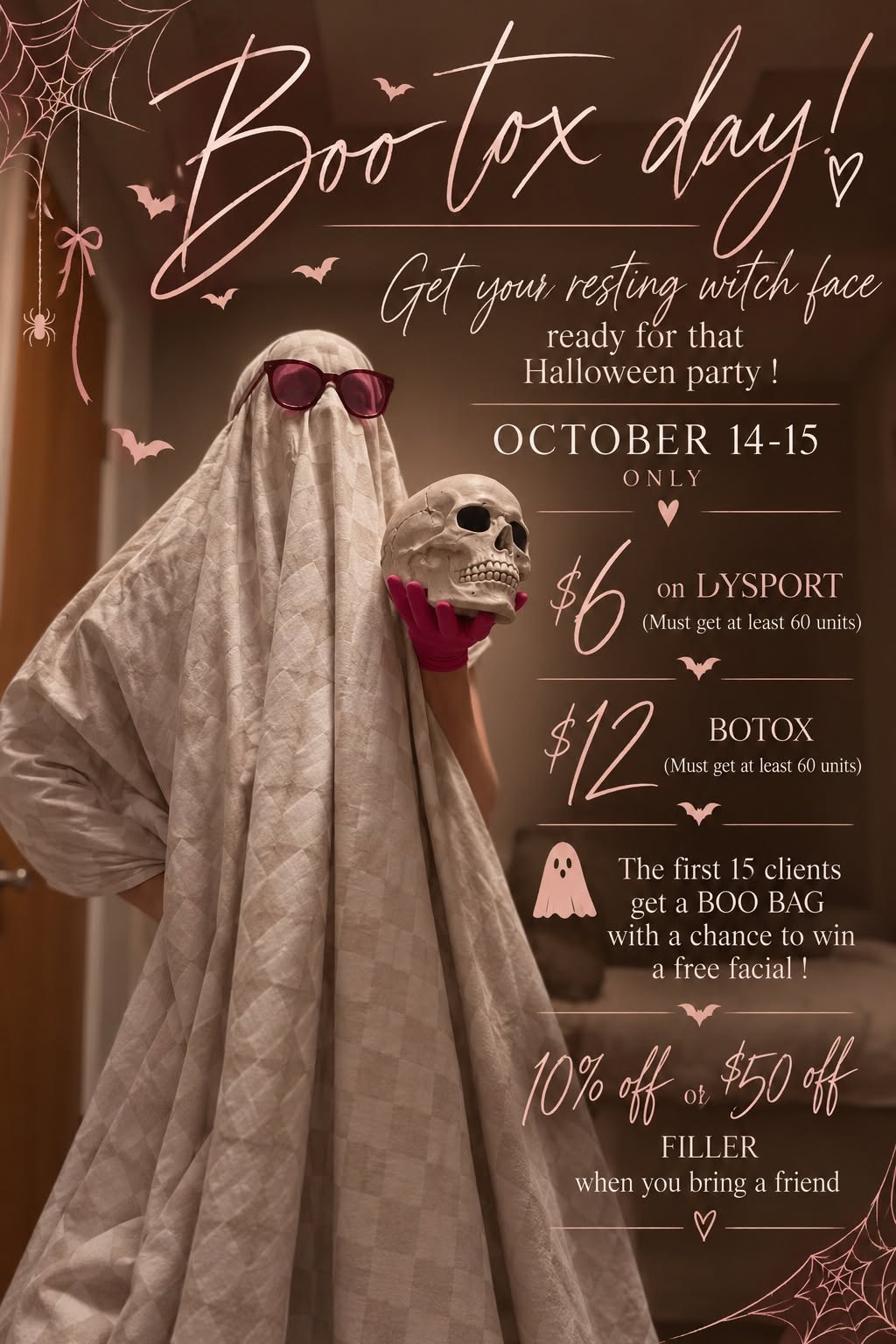 Halloween promotional poster featuring a person in a ghost-sheet costume holding a skull, advertising Botox, fillers, and a Boo-tox day event.