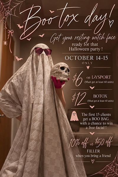 Halloween promo poster with a person in a ghost sheet and sunglasses holding a skull, spider webs in corners; text advertises Boo-tox day, Oct 14–15, Dysport $6, Botox $12, first 15 clients get a BOO BAG and chance at a free facial, plus 10% off filler when you bring a friend.